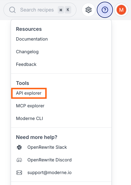 Moderne Platform help menu with API explorer link highlighted
