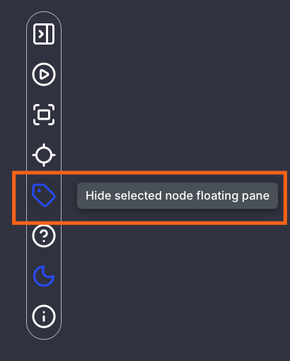 3D viewer toolbar with Hide selected node floating pane button highlighted
