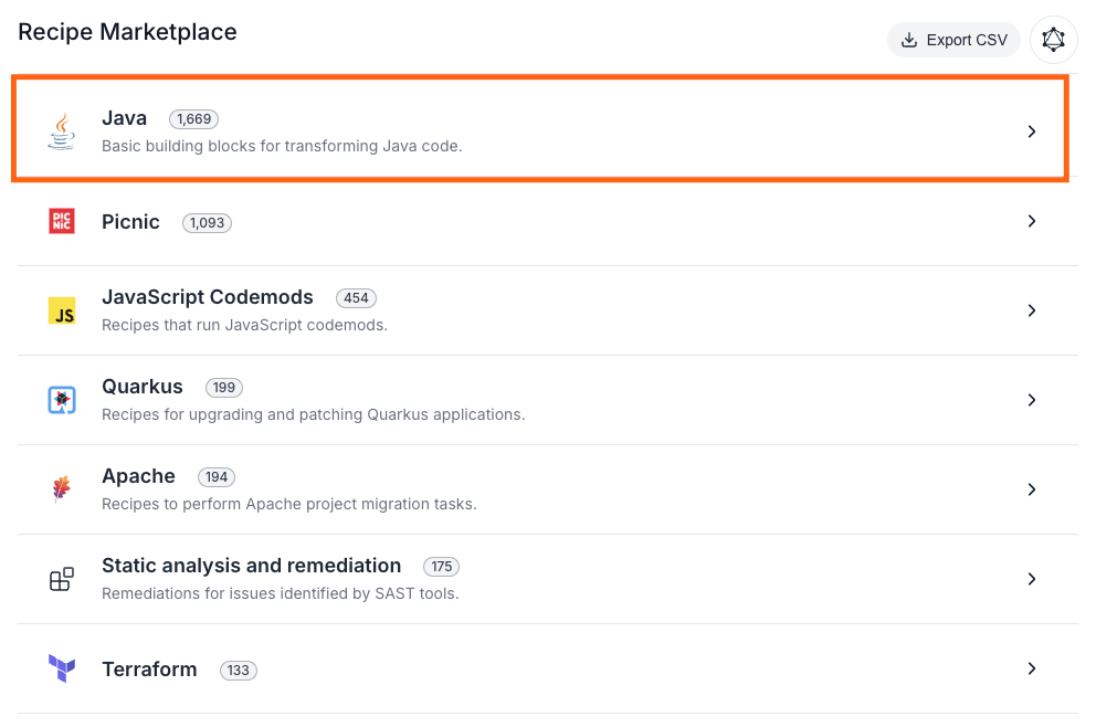 Moderne Marketplace with Java category highlighted among recipe categories