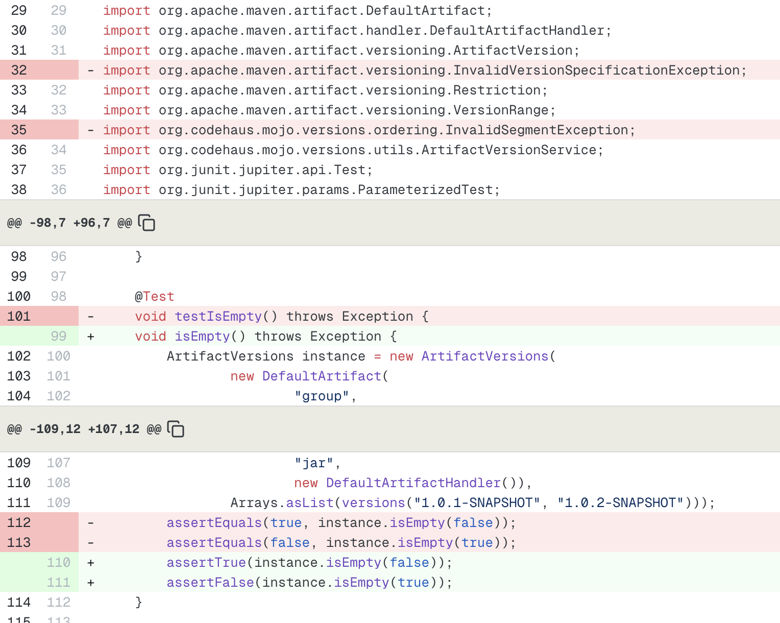 Code diff removing unused imports, dropping the test prefix from a method name, and replacing assertEquals with assertTrue and assertFalse