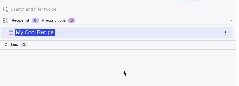 Recipe builder showing the root node with an empty recipe list and search field