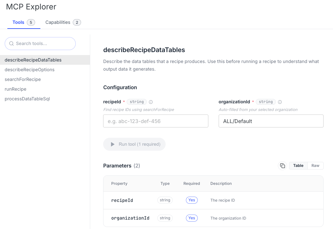 The MCP explorer with the Tools tab open, listing the five tools and showing the describeRecipeDataTables configuration and parameters