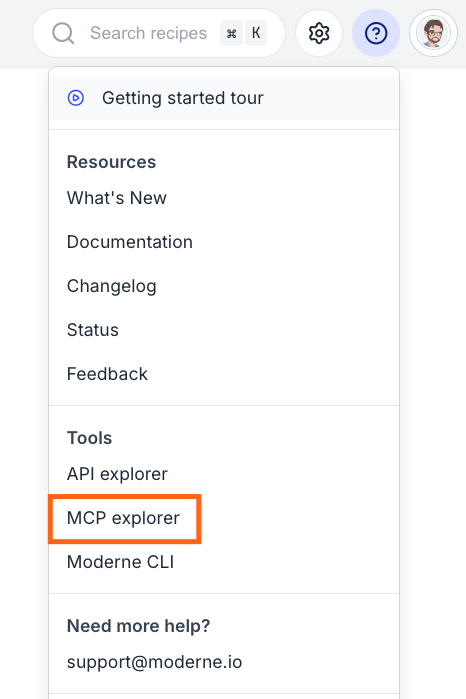 The Moderne Platform help menu with MCP explorer highlighted under the Tools section