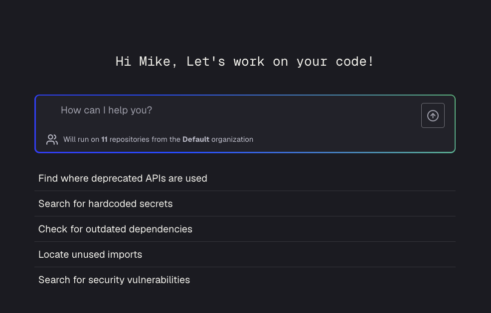 Moddy chat interface with prompt suggestions and repository count for the Default organization