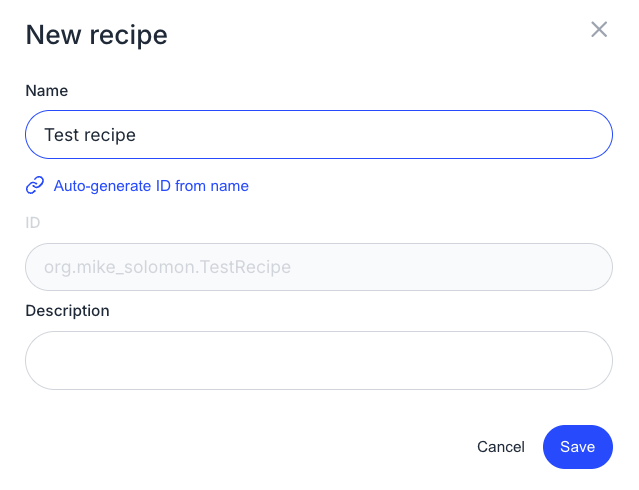 New recipe modal with Name, ID, and Description fields
