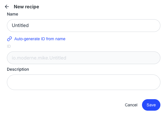 New recipe modal with Name, ID, and Description fields