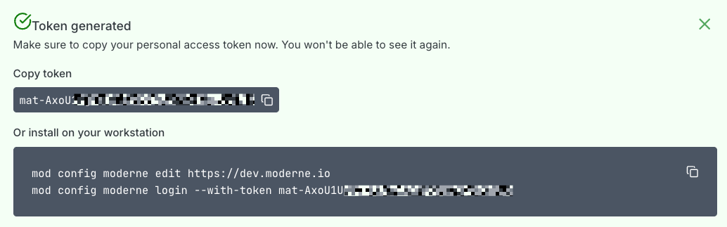 Token generated success message with obfuscated token value and copy buttons