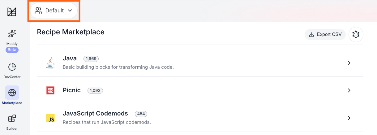 Marketplace page with Default organization selector highlighted in the top nav bar