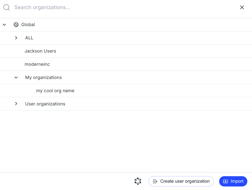 Organizations modal listing available organizations and custom user organizations