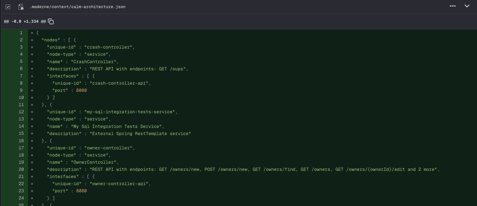 Diff of a generated CALM architecture JSON file describing service nodes and endpoints