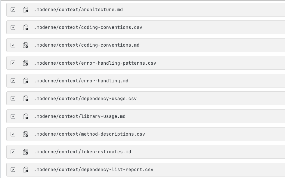 Recipe results listing generated .moderne/context files for architecture and conventions