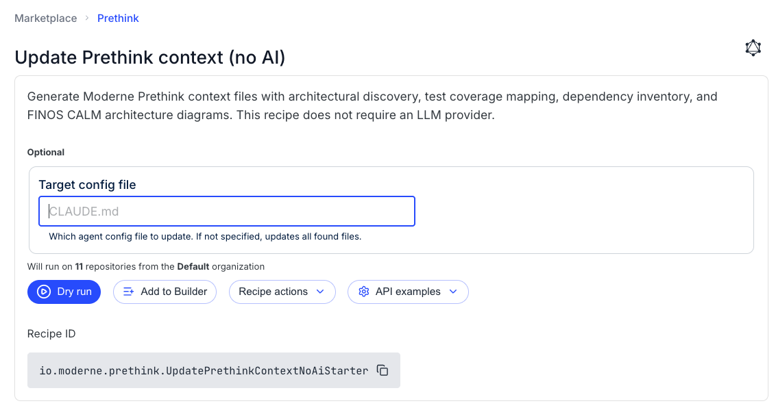 The Update Prethink context (no AI) recipe listed in the Moderne Platform recipe catalog
