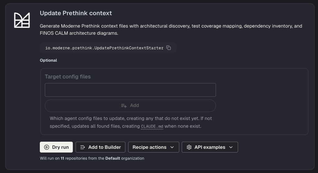 The Update Prethink context recipe listed in the Moderne Platform recipe catalog