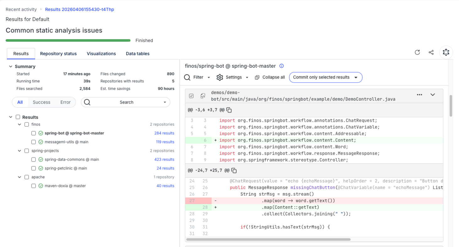 Recipe results page showing repositories with code diffs on the right side
