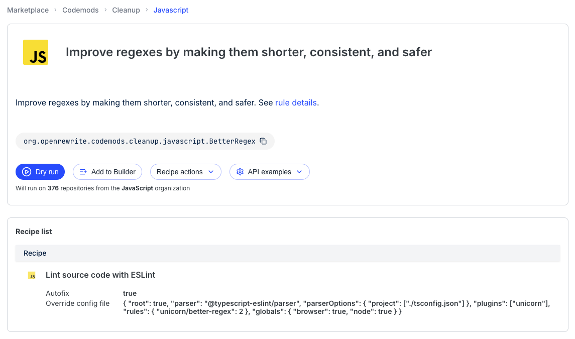 BetterRegex codemod recipe page with Dry run button and ESLint configuration