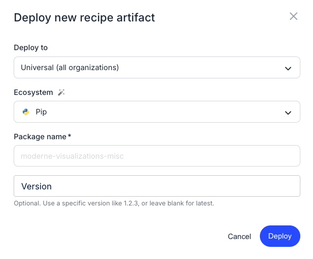 The updated deploy modal showing ecosystem-specific defaults for a pip package