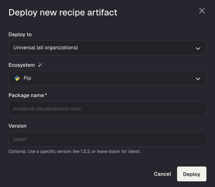 The updated deploy modal showing ecosystem-specific defaults for a pip package