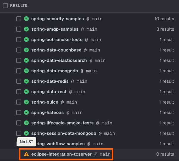 The results view showing a failed repository clearly labeled as a failure alongside successful results