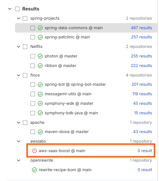 The results view showing a failed repository clearly labeled as a failure alongside successful results