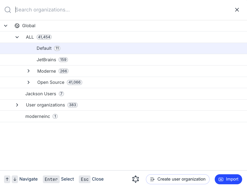 The redesigned org viewer with the org selector showing repository counts for each organization