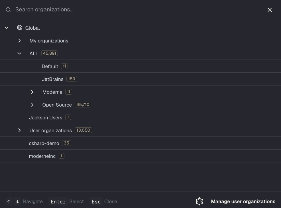 The redesigned org viewer with the org selector showing repository counts for each organization