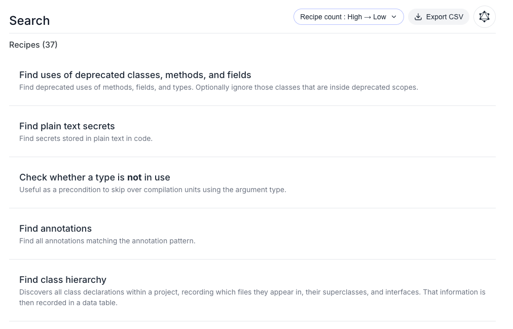 Java Search recipe list including find annotations, deprecated classes, and secrets