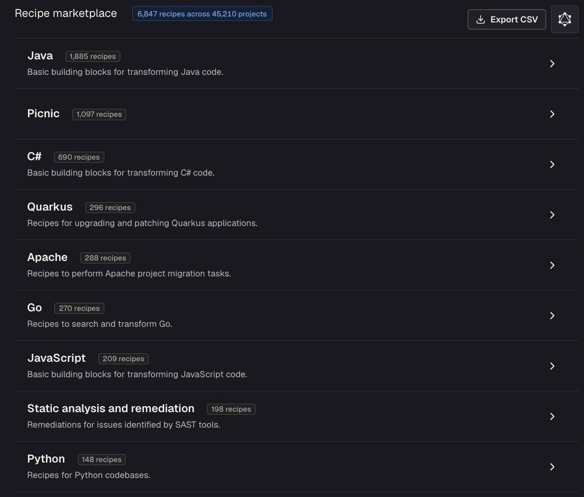 Finding search recipes in the Moderne Platform