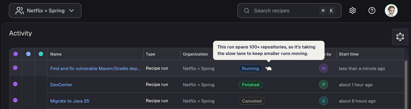 The activity view showing a running recipe run with a slow lane indicator beside its Running status