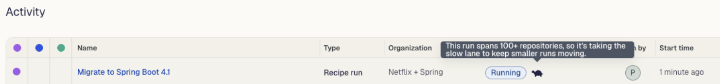 The activity view showing a running recipe run with a slow lane indicator beside its Running status