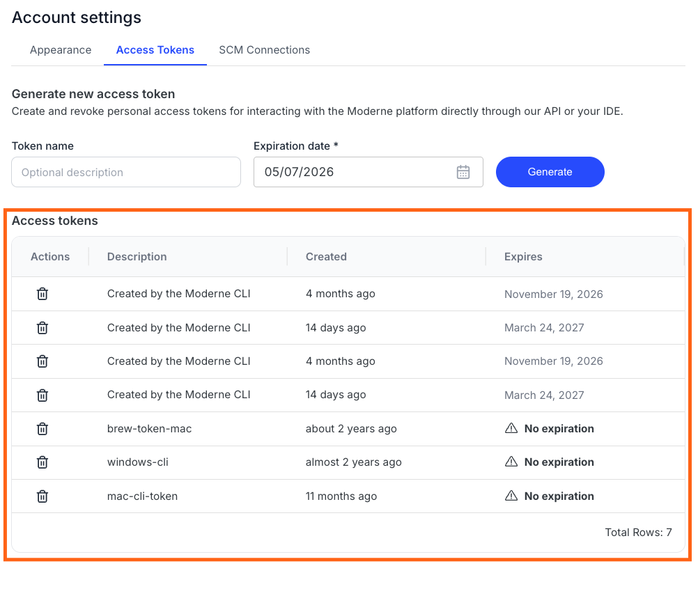Table listing existing access tokens with descriptions, creation dates, and expiration status
