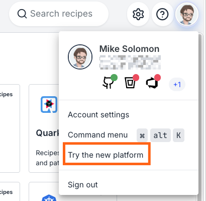 The account menu expanded, showing the "Try the new platform" in the account menu