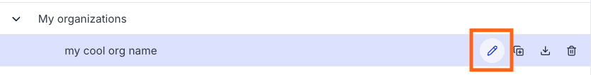 Context menu with Update, Copy, Delete, and Export organization options