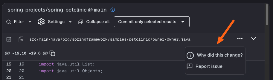 Three-dot menu expanded showing the "Why did this change?" option